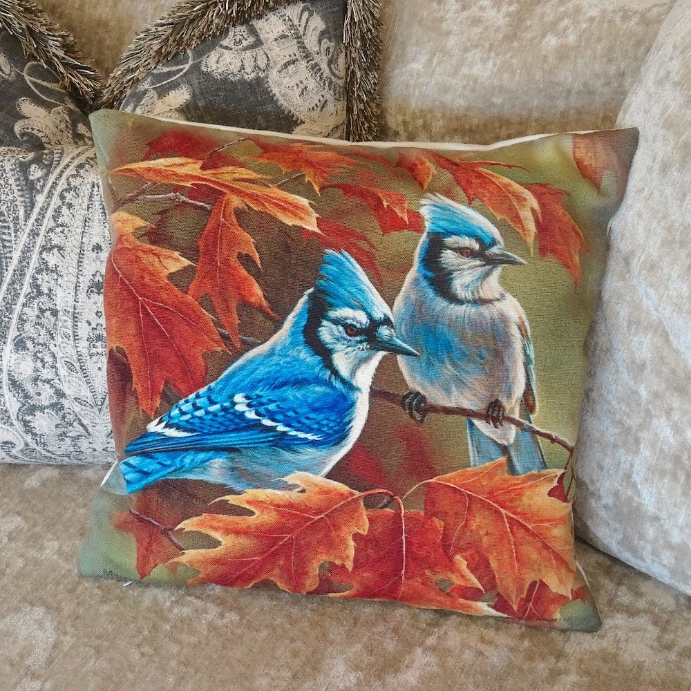Danbury Mint Millette Wild Wings Blue Jay Bird Fall Decorative Accent Pillow